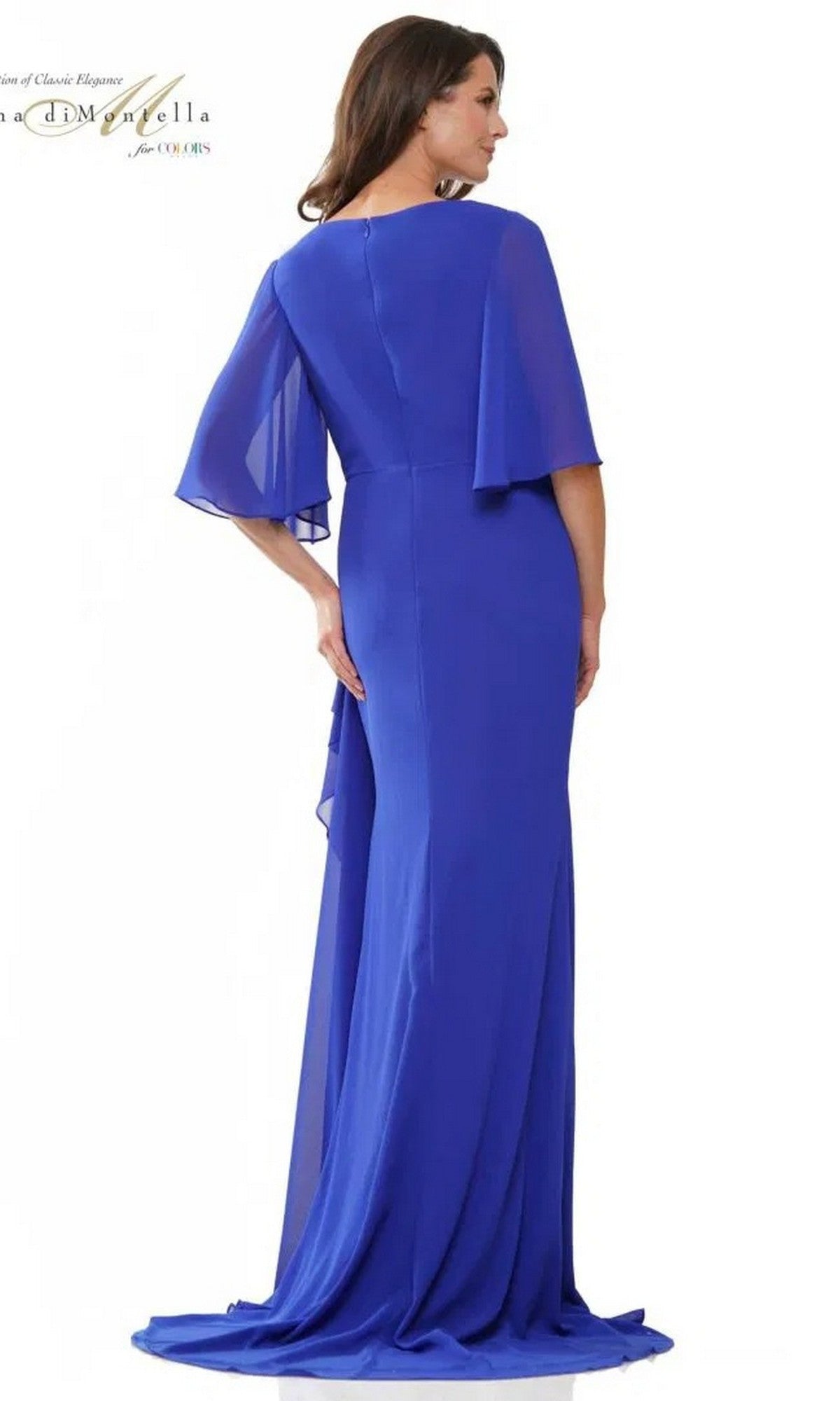 A woman is seen from the back wearing the Rina Di Montella RD2935 long formal dress in royal blue chiffon, featuring sheer elbow-length sleeves and a ruched bodice.